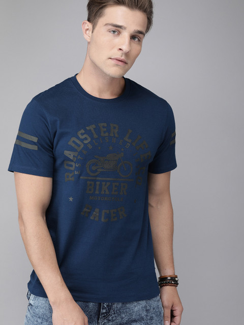 

Roadster Men Navy Blue Printed Round Neck T-shirt