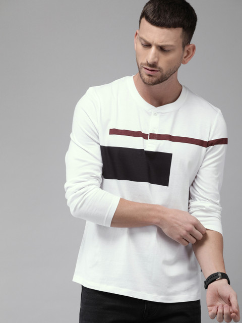 

Roadster Men White & Black Colourblocked Henley Neck T-shirt