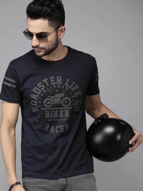

Roadster Men Navy Blue Printed Round Neck T-shirt