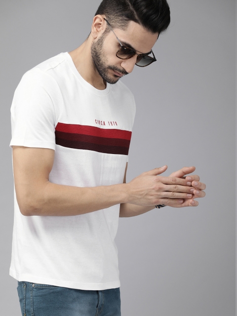 

The Roadster Lifestyle Co Men White Red Striped Round Neck Pure Cotton T-shirt