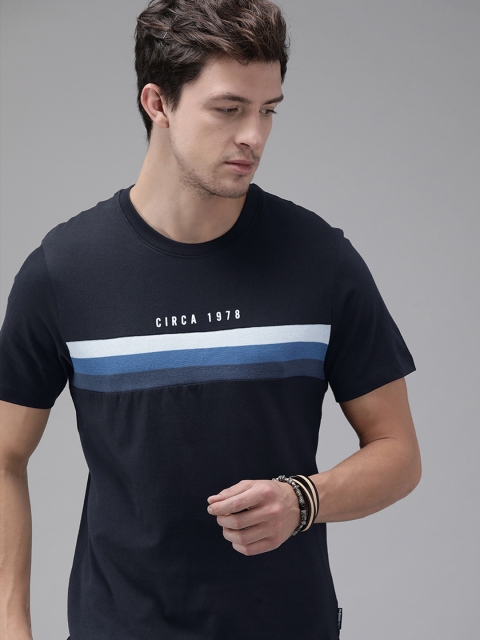 

Roadster Men Navy Blue Striped Round Neck T-shirt