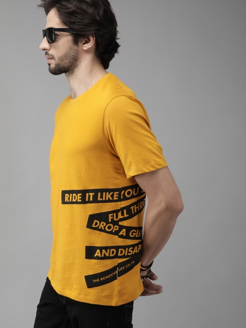 

Roadster Men Mustard Yellow Printed Round Neck T-shirt