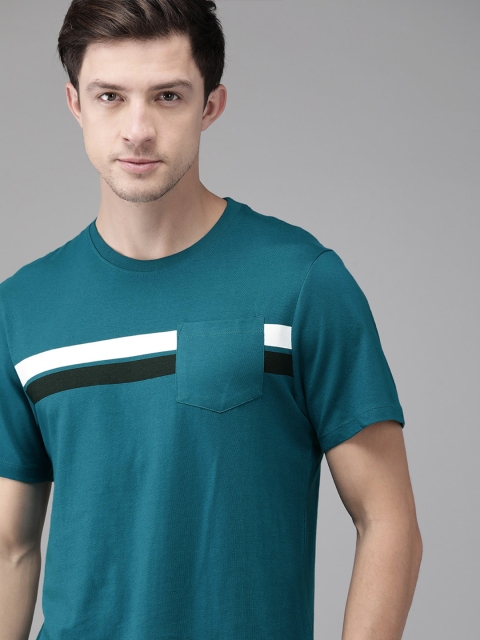 

Roadster Men Teal Blue & White Striped Round Neck T-shirt
