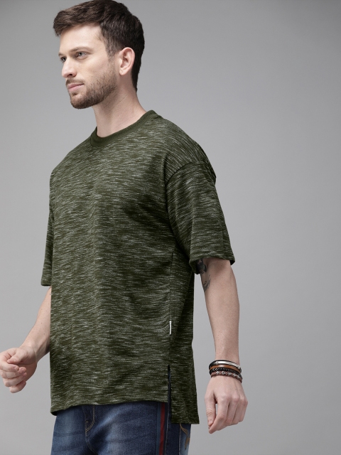 

Roadster Men Olive Green Solid Round Neck Drop-Shoulder High-Low T-shirt