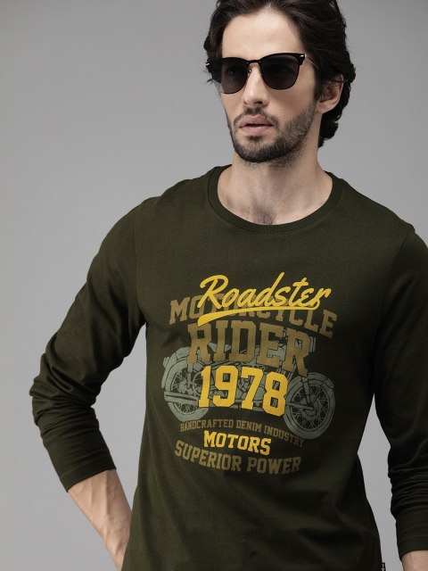 

The Roadster Lifestyle Co Men Olive Green Printed Round Neck Pure Cotton T-shirt
