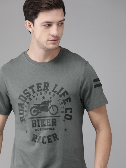

Roadster Men Grey Brand Carrier Printed Round Neck Pure Cotton T-shirt