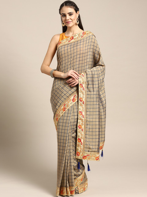 

Chhabra 555 Taupe & Blue Checked Kota Saree