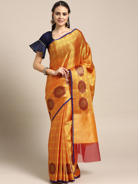 

Chhabra 555 Mustard Yellow & Navy Blue Brocade Woven Design Banarasi Saree