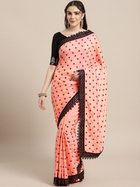 

Chhabra 555 Coral Pink & Black Resham Embroidered Saree