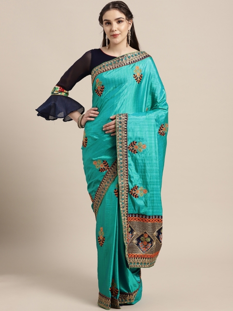 

Chhabra 555 Teal Green & Orange Resham Zari Embroidered Saree