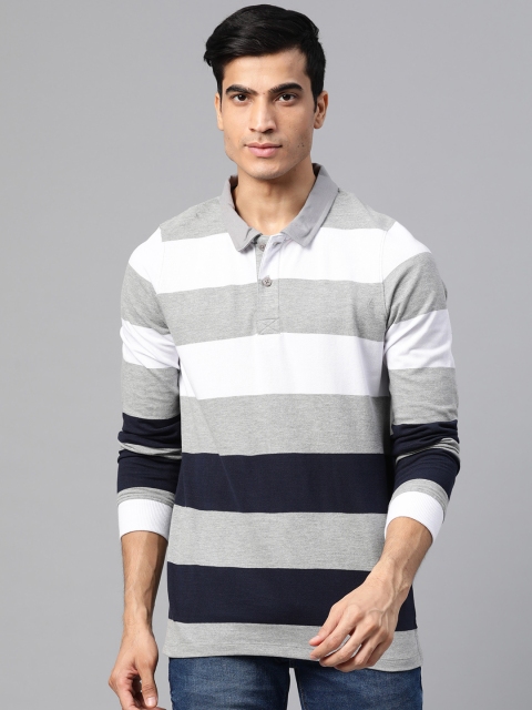 

The Roadster Lifestyle Co Men Grey Melange & White Striped Polo Collar T-shirt