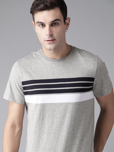 

Roadster Men Grey Melange & Navy Blue Striped Round Neck T-shirt