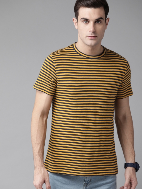 

The Roadster Lifestyle Co Men Mustard Yellow Navy Blue Striped Round Neck Pure Cotton T-shirt