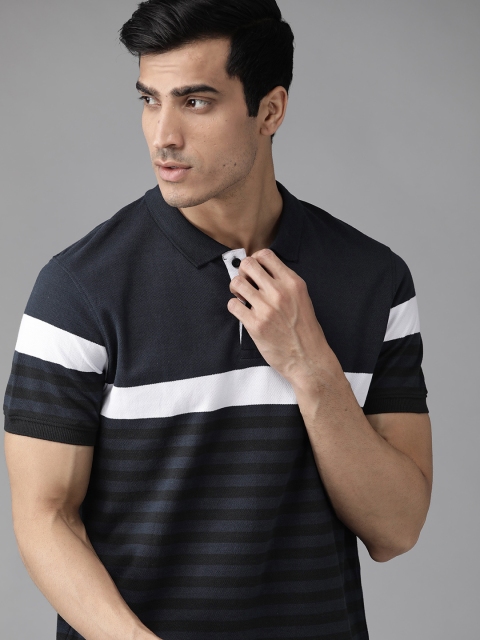 

Roadster Men Navy Blue & Black Striped Polo Collar T-shirt