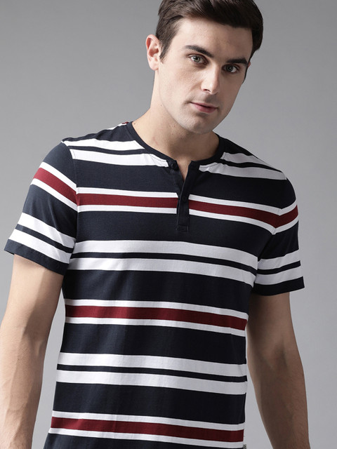 

Roadster Men Navy Blue Striped Henley Neck T-shirt