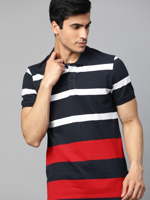 

Roadster Men Navy Blue & Red Striped Polo Collar T-shirt