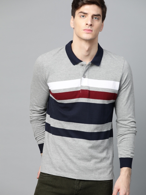 

Roadster Men Grey Melange & Navy Blue Striped Polo Collar T-shirt