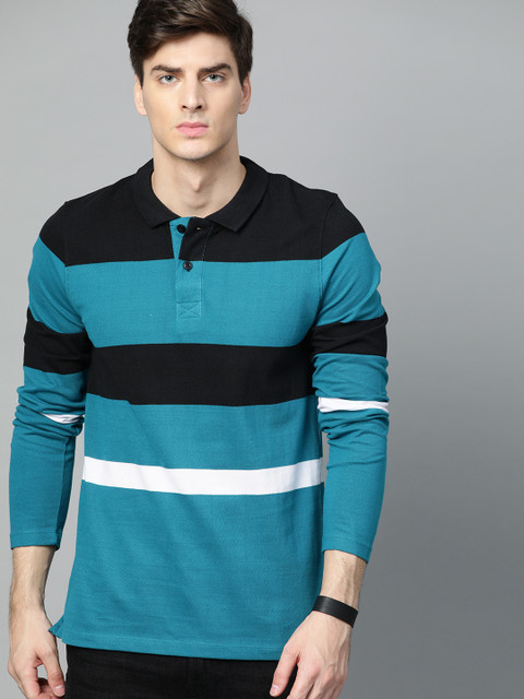 

Roadster Men Teal Blue & Black Striped Henley Neck T-shirt