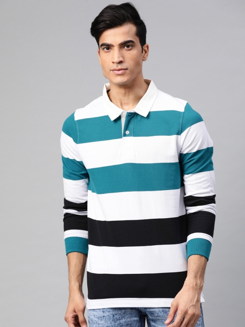 

Roadster Men White & Blue Striped Polo Collar T-shirt