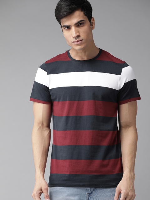 

Roadster Men Navy Blue & Maroon Striped Round Neck T-shirt
