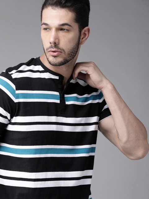 

Roadster Men Black & White Striped Mandarin Collar T-shirt