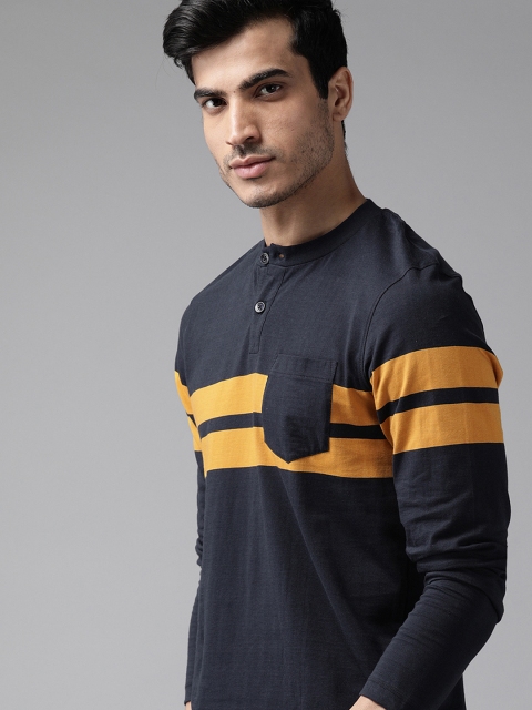 

The Roadster Lifestyle Co Men Navy Blue Striped Detail Henley Neck T-shirt