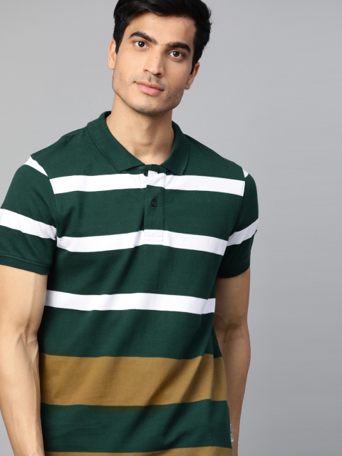

Roadster Men Green & White Striped Polo Collar T-shirt