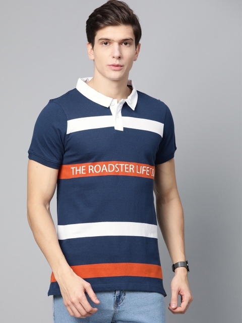 

Roadster Men Navy Blue & White Striped Polo Collar T-shirt