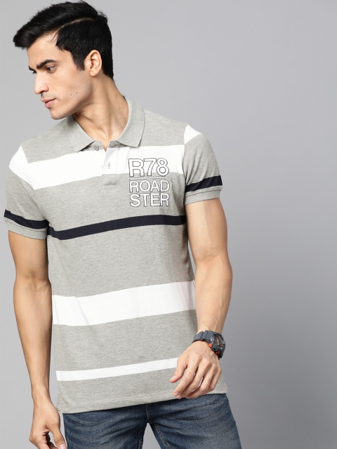 

The Roadster Lifestyle Co Men Grey Melange White Striped Polo Collar Pure Cotton T-shirt