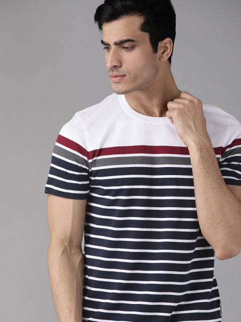 

Roadster Men Navy Blue & White Striped Round Neck T-shirt