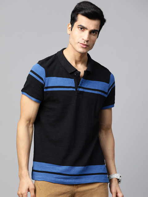 

Roadster Men Black & Blue Striped Polo Collar T-shirt