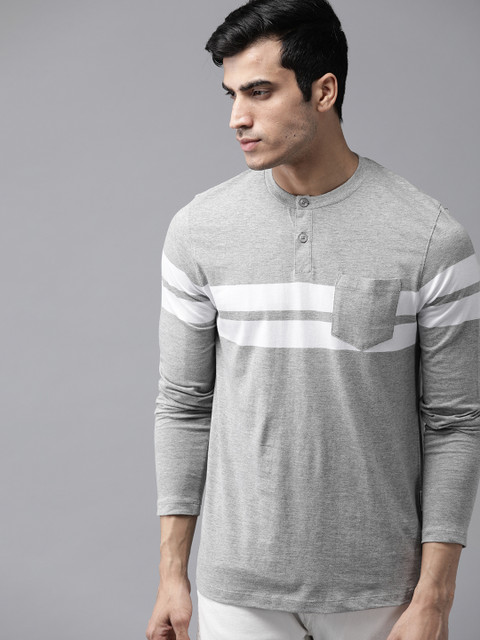 

Roadster Men Grey Melange & White Striped detailed Henley Neck T-shirt
