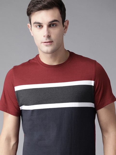 

Roadster Men Navy Blue & Maroon Colourblocked Round Neck T-shirt