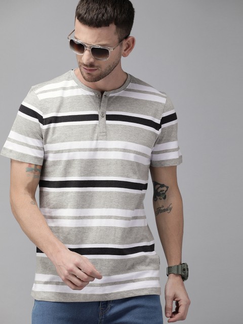

Roadster Men Grey Melange & White Striped Mandarin Collar T-shirt