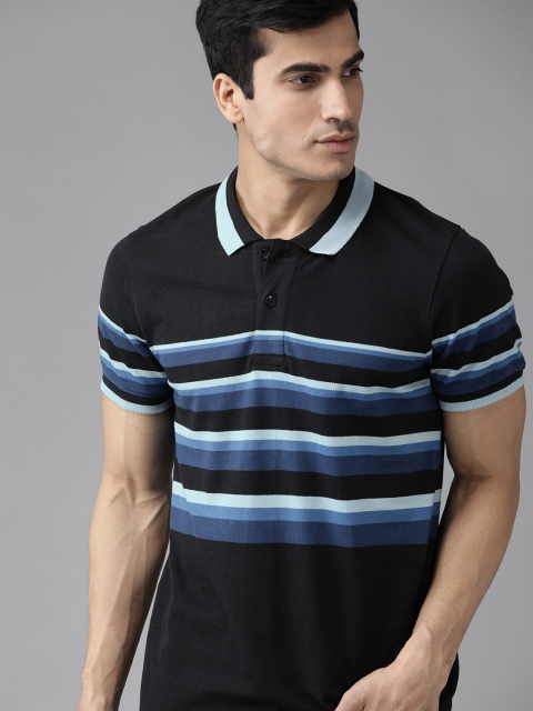 

Roadster Men Black & Blue Striped Polo Collar T-shirt