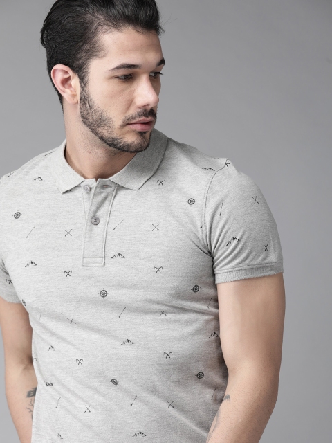 

Roadster Men Grey Melange & Black Printed Polo Collar T-shirt