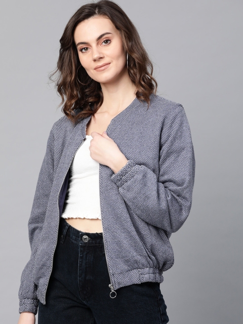 

RARE Women Blue & White Self Design Bomber Jacket