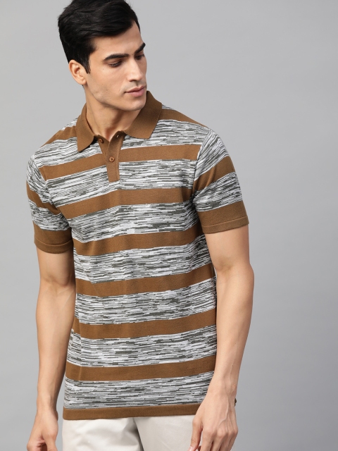 

The Roadster Lifestyle Co Men Olive Brown Grey Melange Striped Polo Collar Pure Cotton T-shirt