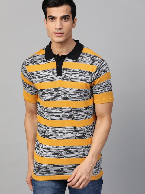 

Roadster Men Mustard Yellow Grey Melange Striped Polo Collar Pure Cotton T-shirt