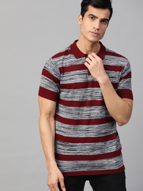 

Roadster Men Burgundy & Grey Melange Striped Polo Collar T-shirt