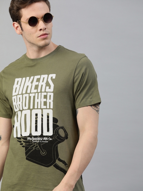 

Roadster Men Olive Green Printed Round Neck T-shirt