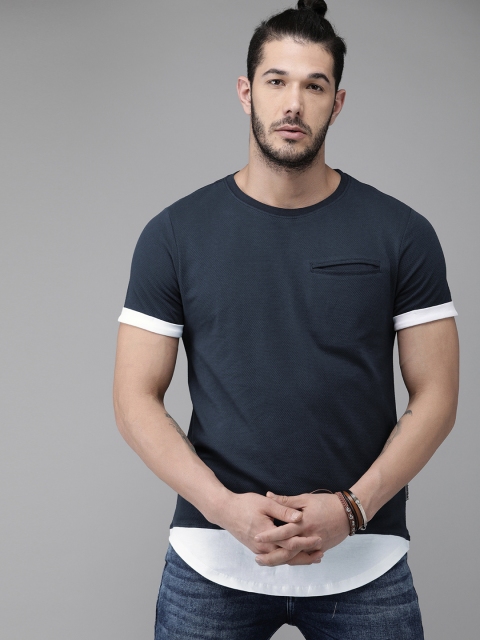 

Roadster Men Navy Blue Self Design Round Neck T-shirt With Contrast Hem