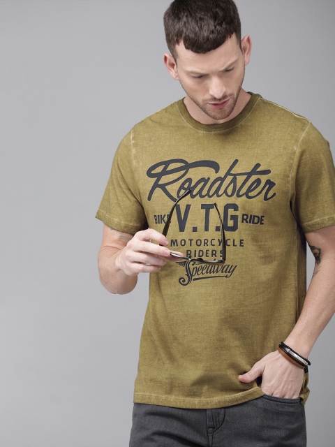 

Roadster Men Khaki Printed Round Neck T-shirt