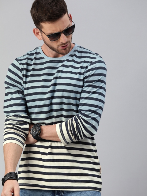 

Roadster Men Off-White Navy Blue Dyed Striped Round Neck Pure Cotton T-shirt
