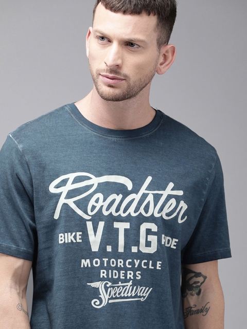 

Roadster Men Blue Printed Round Neck T-shirt, Na