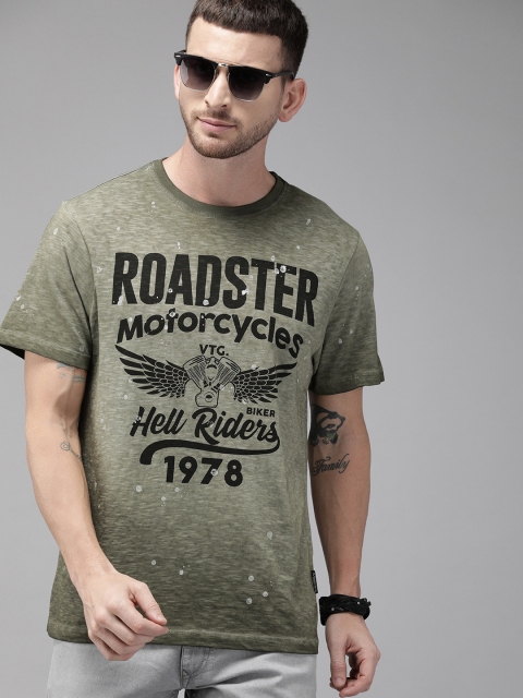 

Roadster Men Olive Green Printed Round Neck Typography T-shirt