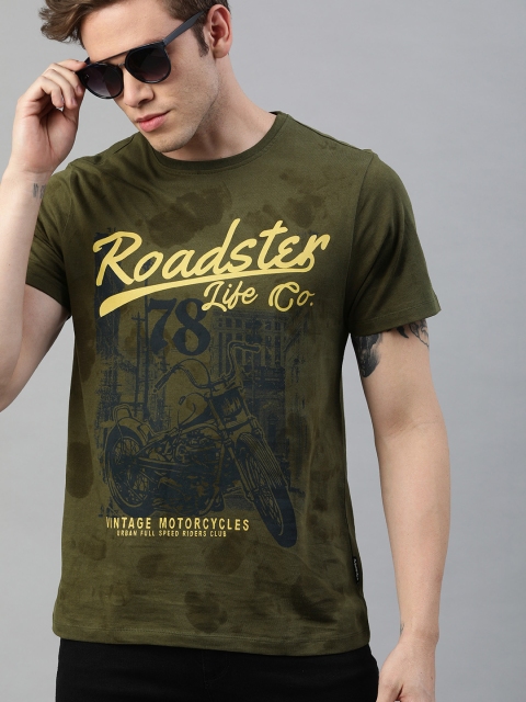 

Roadster Men Olive Green Printed Round Neck T-shirt