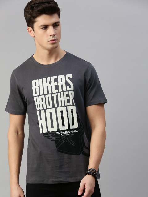 

The Roadster Lifestyle Co Men Charcoal Grey Printed Round Neck Pure Cotton T-shirt