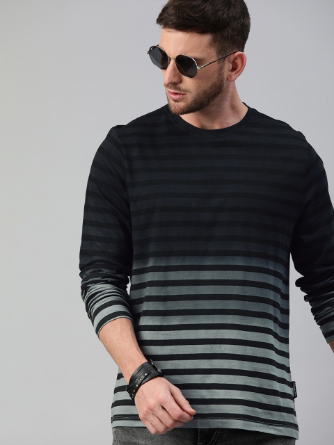 

The Roadster Lifestyle Co Men Grey Black Dyed Striped Round Neck Pure Cotton T-shirt