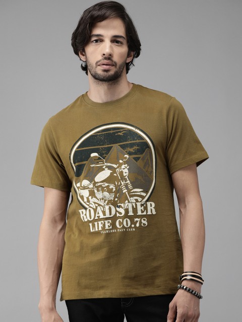 

Roadster Men Olive Brown Printed Round Neck T-shirt